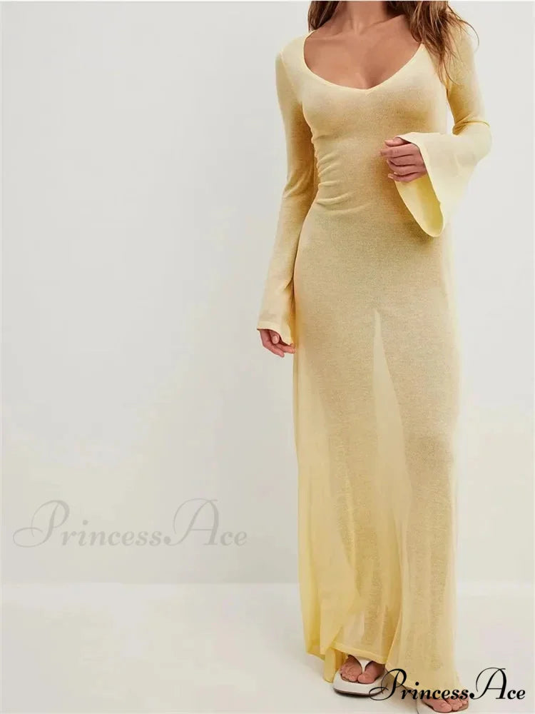 Women Vintage Sleeve V Neck See Through Slim Fit Solid Color Party Female Vestidos Streetwear BEIGE / S