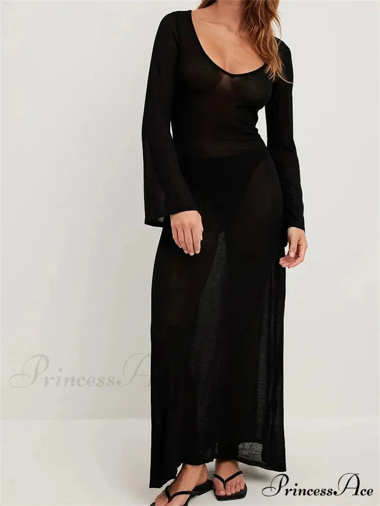 Women Vintage Sleeve V Neck See Through Slim Fit Solid Color Party Female Vestidos Streetwear BLACK / S