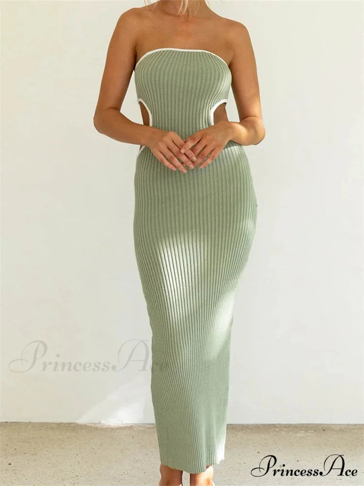 Women Waist Hollow Out Tube Strapless Off Shoulder Contrast Color Ribbed Summer Party Clubwear GREEN / S