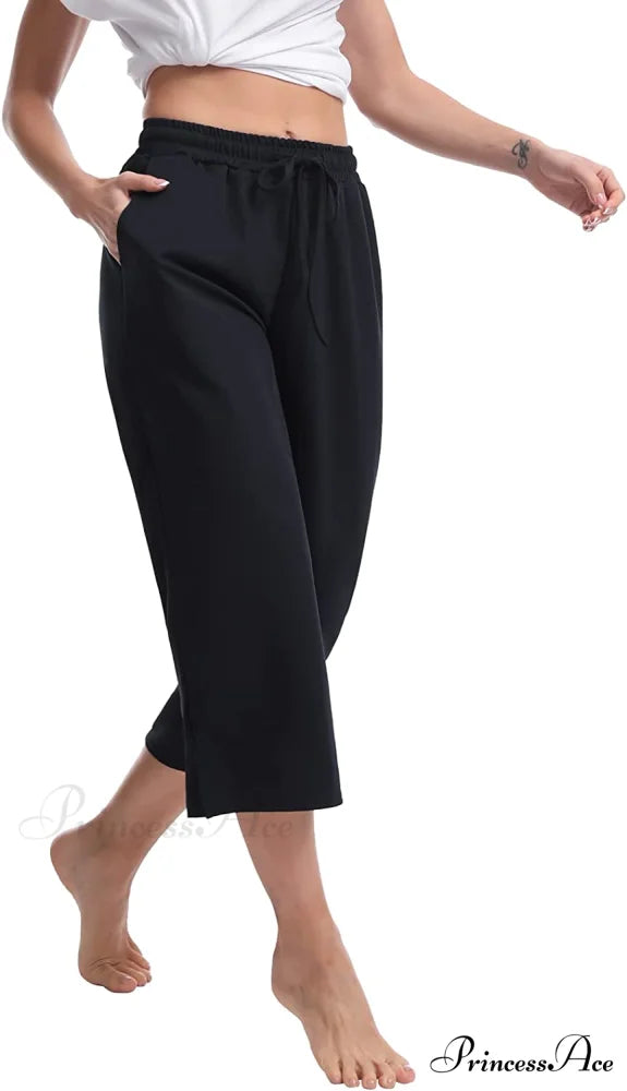 Women Wide Leg Comfy Drawstring Loose Yoga Pants 01-black / Medium