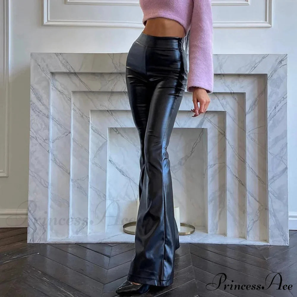 Women Winter High-waist Sensual Pu Leather Shiny Bell Bottoms Style Pants
