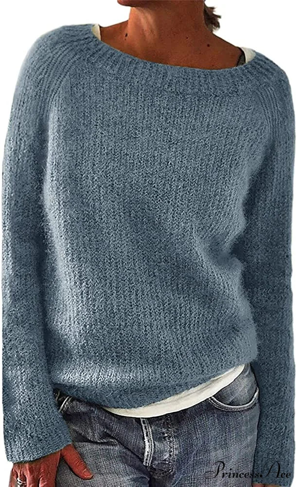 Women Winter Loose Casual Pullover Knit Sweater Blue / XX-Large
