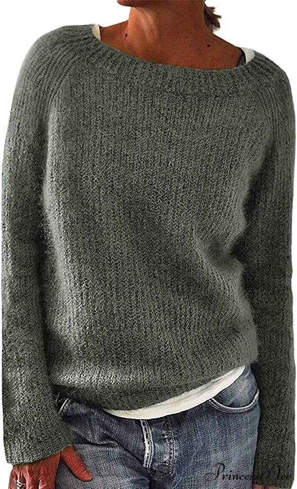 Women Winter Loose Casual Pullover Knit Sweater Grey / XX-Large
