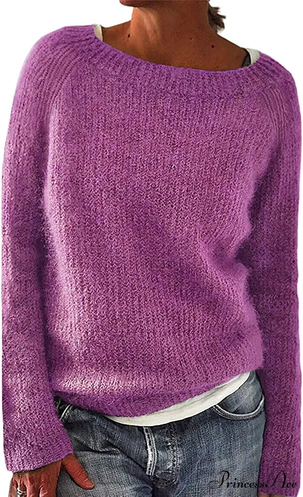 Women Winter Loose Casual Pullover Knit Sweater Purple / XX-Large