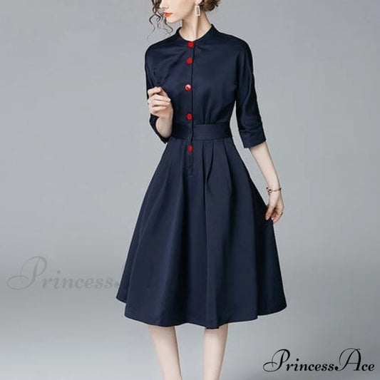 women with single-breasted shirt Elegant for and sleeves long button dress details Navy Blue / S