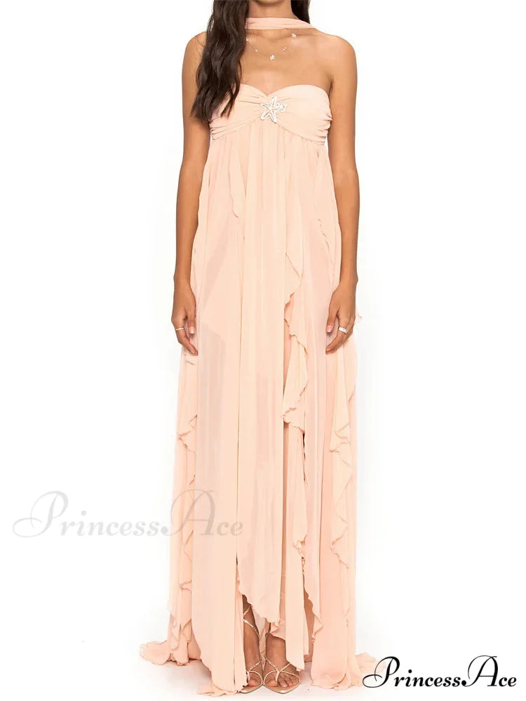 Women Y2K Tube Sexy Strapless Off Shoulder Ruffle Tassel Evening Party Halter Backless Vestidos Pink / S