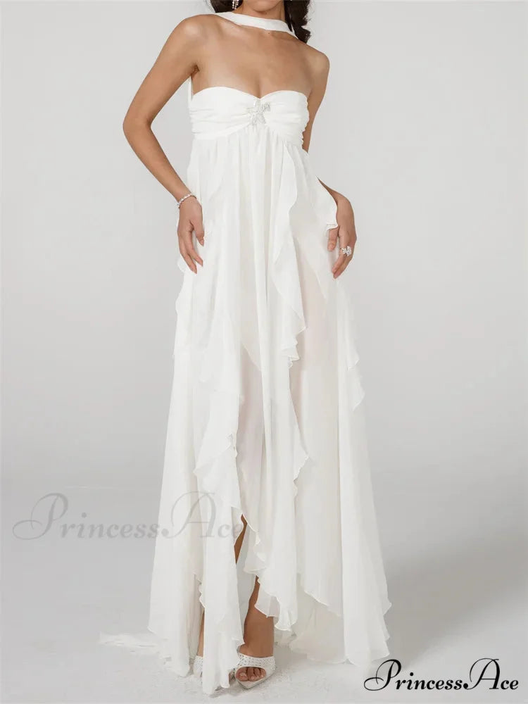 Women Y2K Tube Sexy Strapless Off Shoulder Ruffle Tassel Evening Party Halter Backless Vestidos WHITE / S