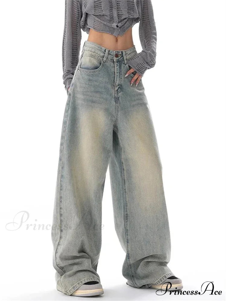 Women’s American Vintage Washed Thin Casual Neutral Style Blue Denim Female High Waist Straight Pants Jeans