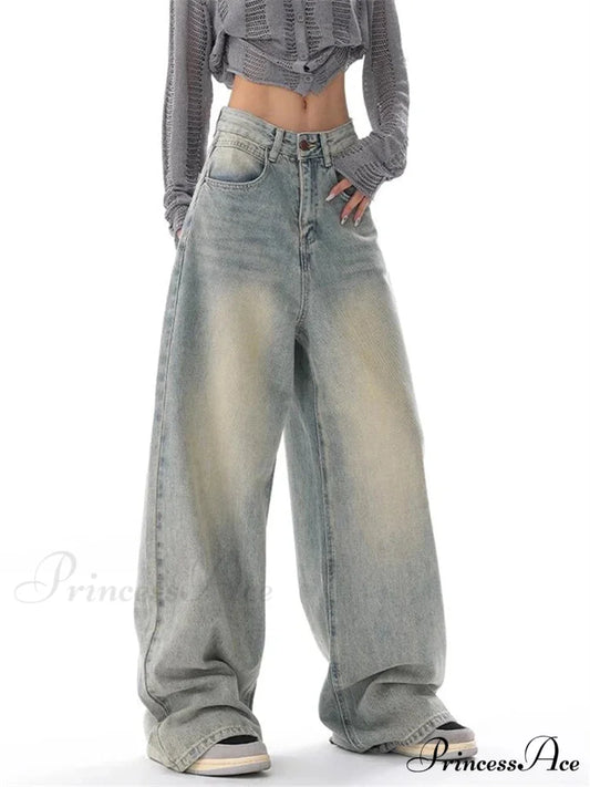 Women’s American Vintage Washed Thin Casual Neutral Style Blue Denim Female High Waist Straight Pants Jeans