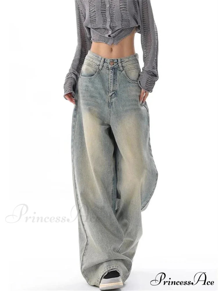 Women’s American Vintage Washed Thin Casual Neutral Style Blue Denim Female High Waist Straight Pants Jeans