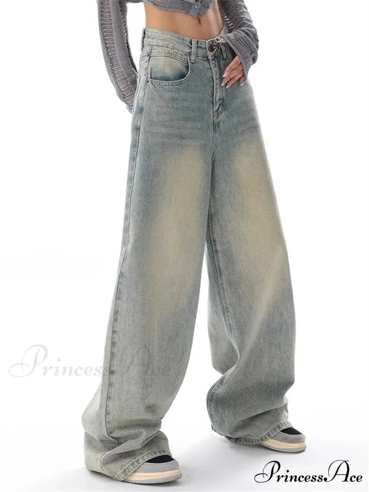 Women’s American Vintage Washed Thin Casual Neutral Style Blue Denim Female High Waist Straight Pants Jeans