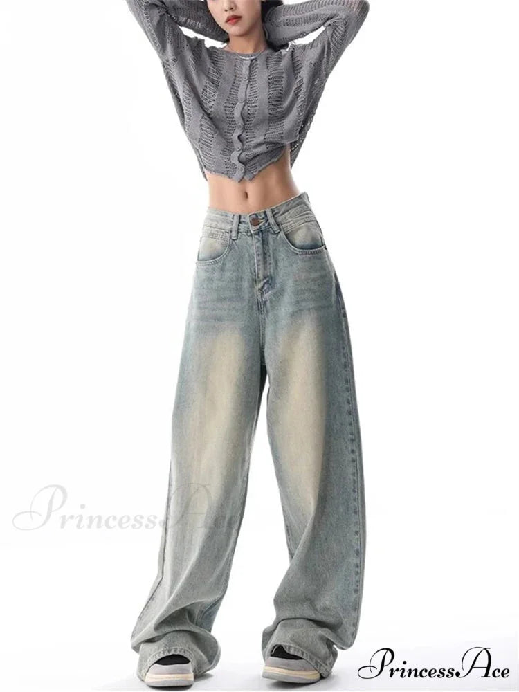Women’s American Vintage Washed Thin Casual Neutral Style Blue Denim Female High Waist Straight Pants Jeans