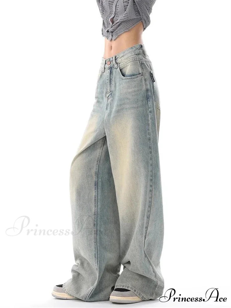 Women’s American Vintage Washed Thin Casual Neutral Style Blue Denim Female High Waist Straight Pants Jeans