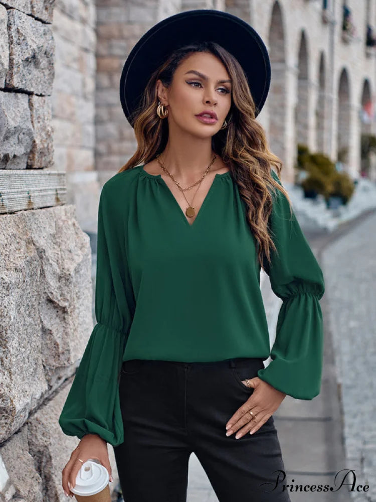 women’s autumn casual tops and for V-neck loose winter Green / S