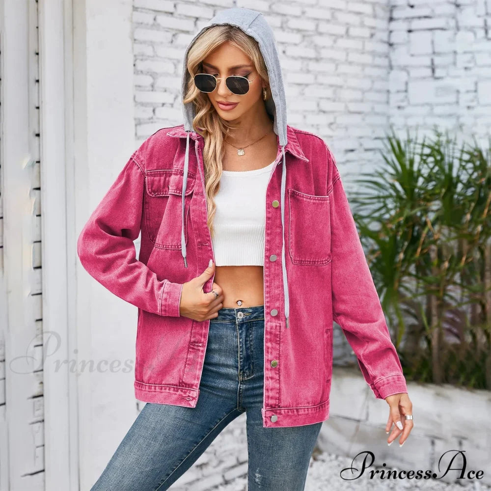 Womens Autumn Spring Oversized Denim Casual Distressed Boyfriend Comfy Jacket PINK / S