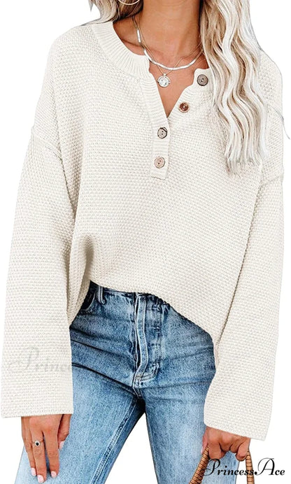 Women’s Batwing Long Sleeve Loose V Neck Button Top