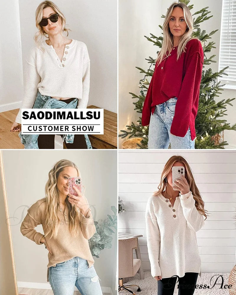 Women’s Batwing Long Sleeve Loose V Neck Button Top