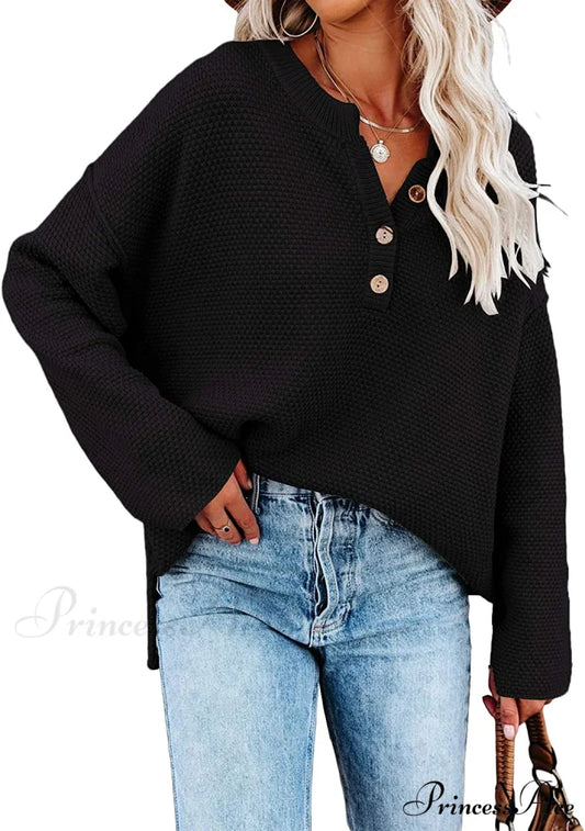 Women’s Batwing Long Sleeve Loose V Neck Button Top Black / Large