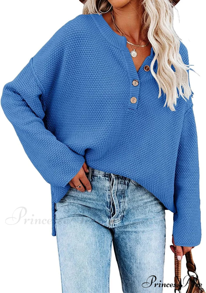 Women’s Batwing Long Sleeve Loose V Neck Button Top Blue / Large