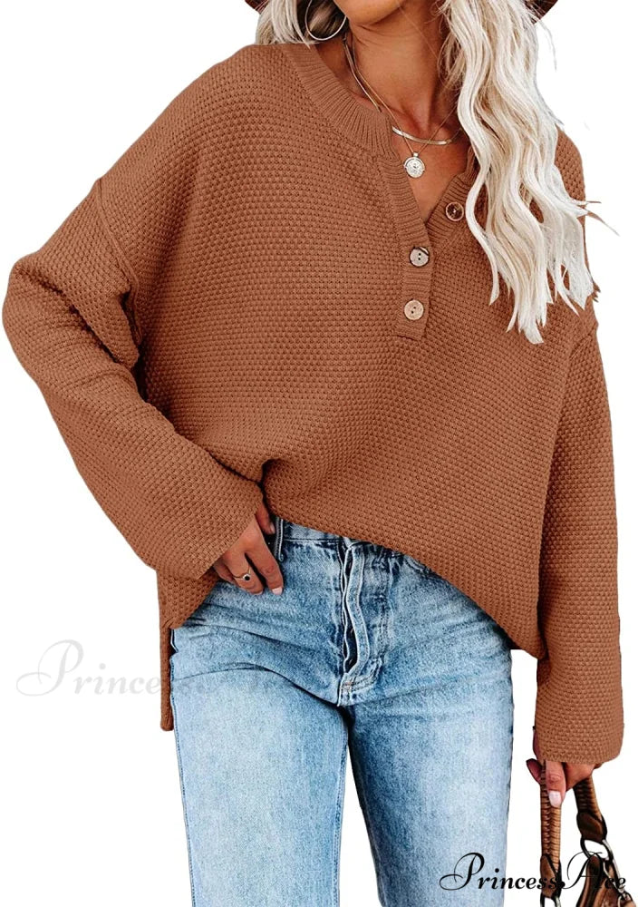 Women’s Batwing Long Sleeve Loose V Neck Button Top Brown / Large