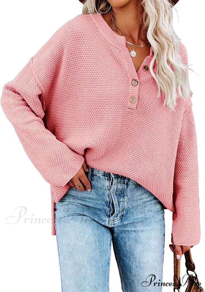 Women’s Batwing Long Sleeve Loose V Neck Button Top Pink / Large