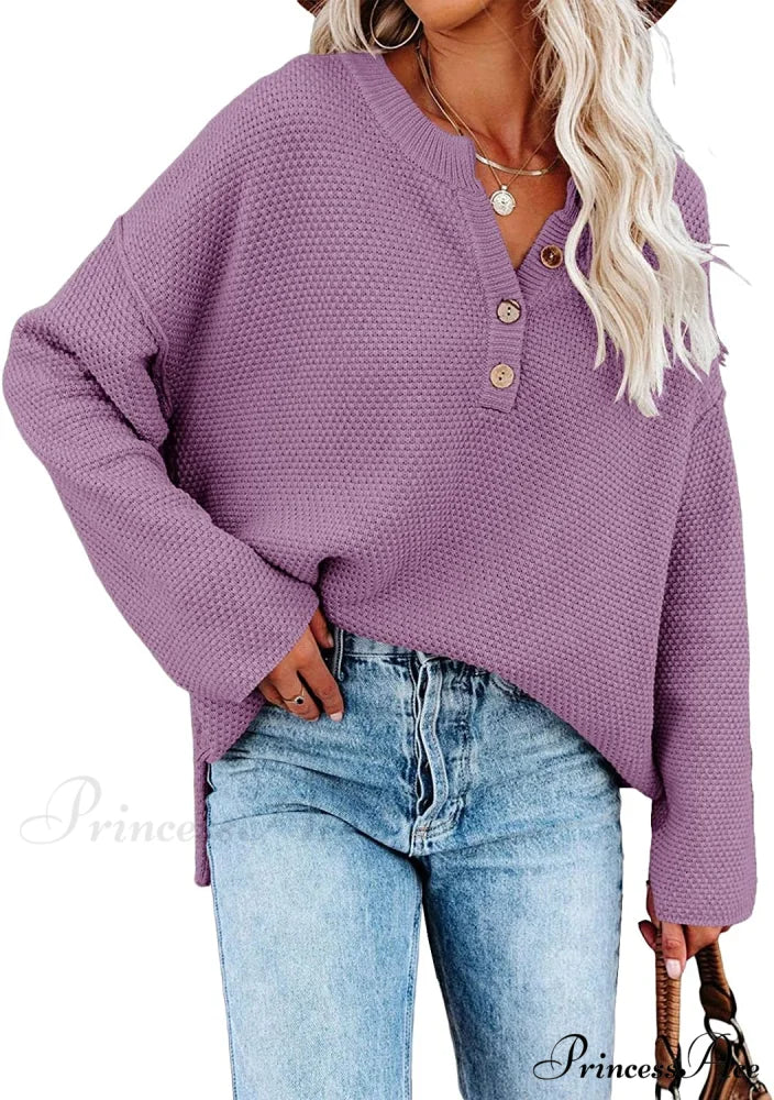 Women’s Batwing Long Sleeve Loose V Neck Button Top Purple / Large