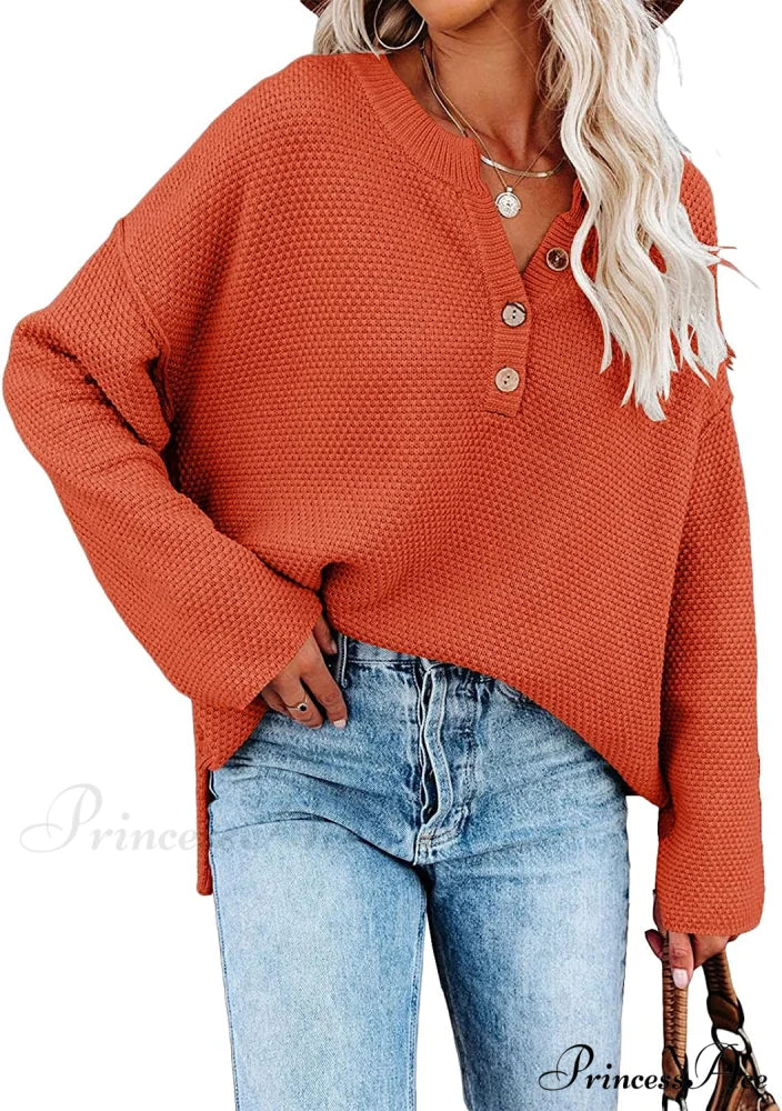 Women’s Batwing Long Sleeve Loose V Neck Button Top Red / Large