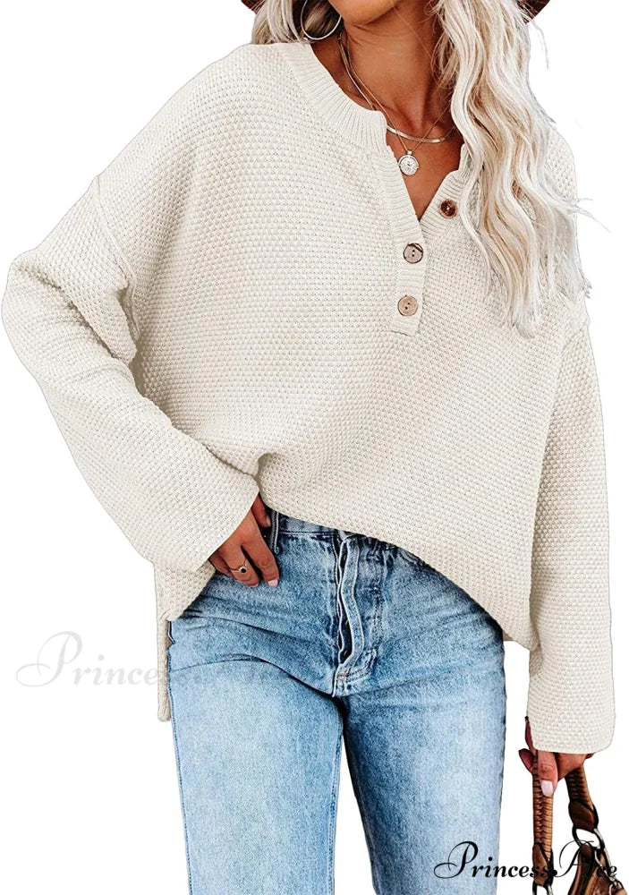 Women’s Batwing Long Sleeve Loose V Neck Button Top White / Large