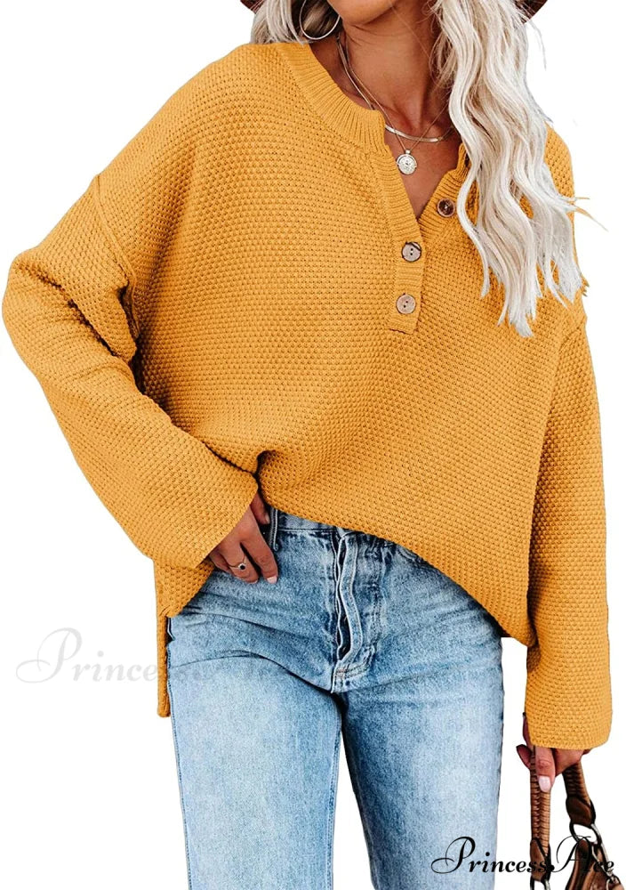 Women’s Batwing Long Sleeve Loose V Neck Button Top Yellow / Large