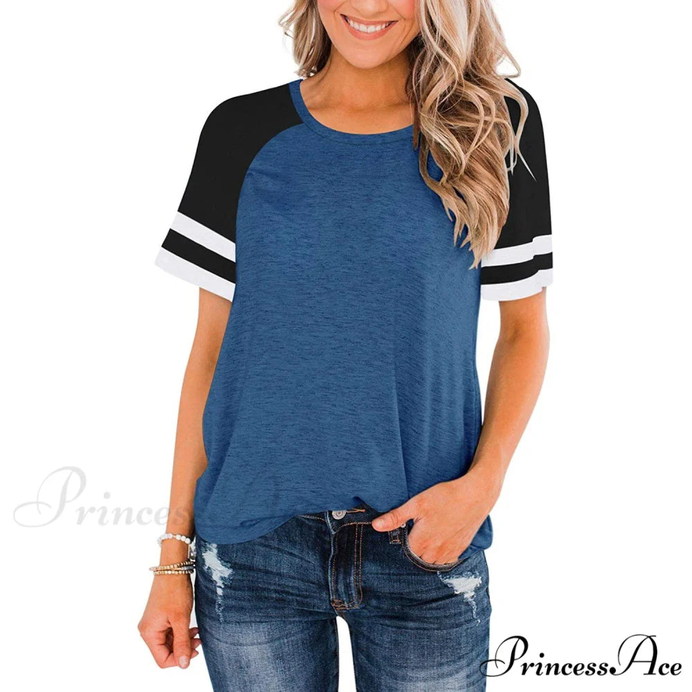 Women’s Block Crew Neck Brief Arm Color Shirt Blue / S