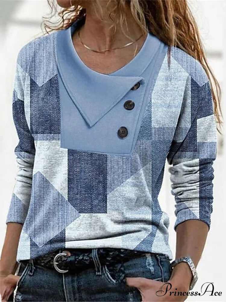 Women’s Blue Button Long Neck Pile Design Basic Abstract Navy Tee shirt Red Arm Geometric V Weekend Casual T Neck