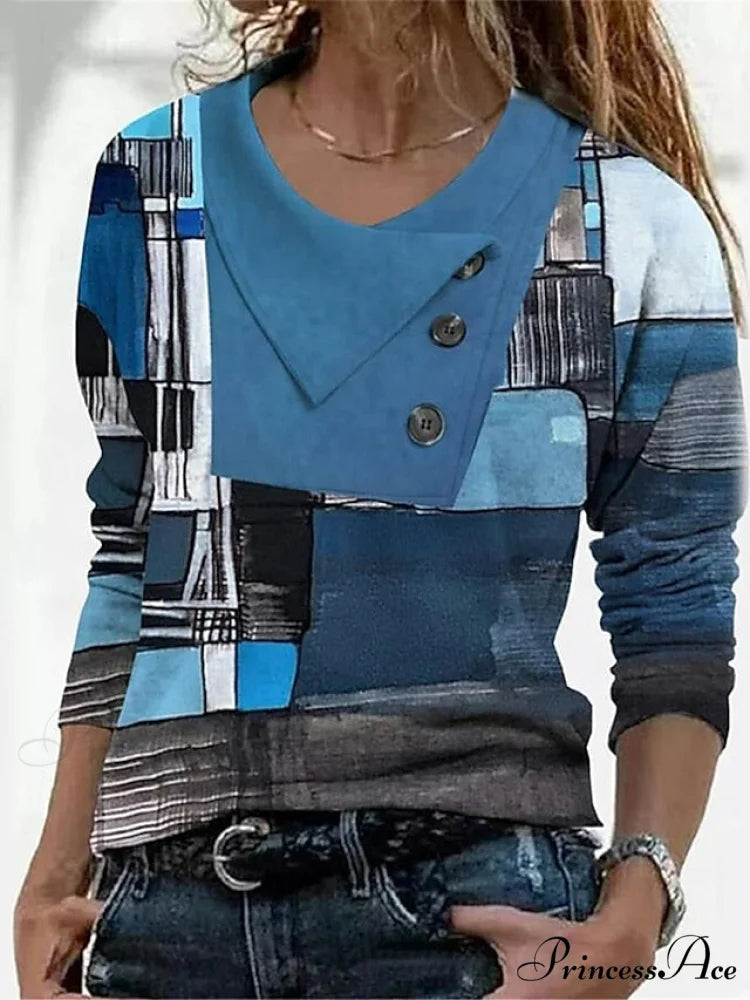 Women’s Blue Button Long Neck Pile Design Basic Abstract Navy Tee shirt Red Arm Geometric V Weekend Casual T Neck