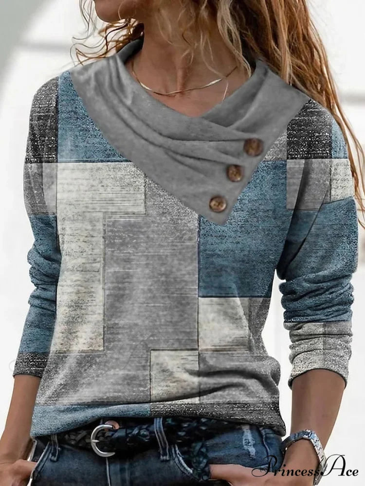Women’s Blue Button Long Neck Pile Design Basic Abstract Navy Tee shirt Red Arm Geometric V Weekend Casual T Neck