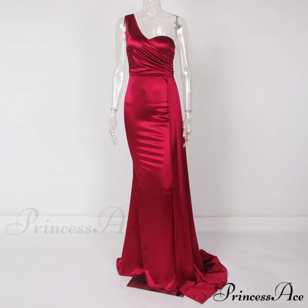 Women’s Blue Evening Green Gown Full-Length Party Royal with Sexy Gown Satin Long Ribbon Draped Dress Burgundy / XS