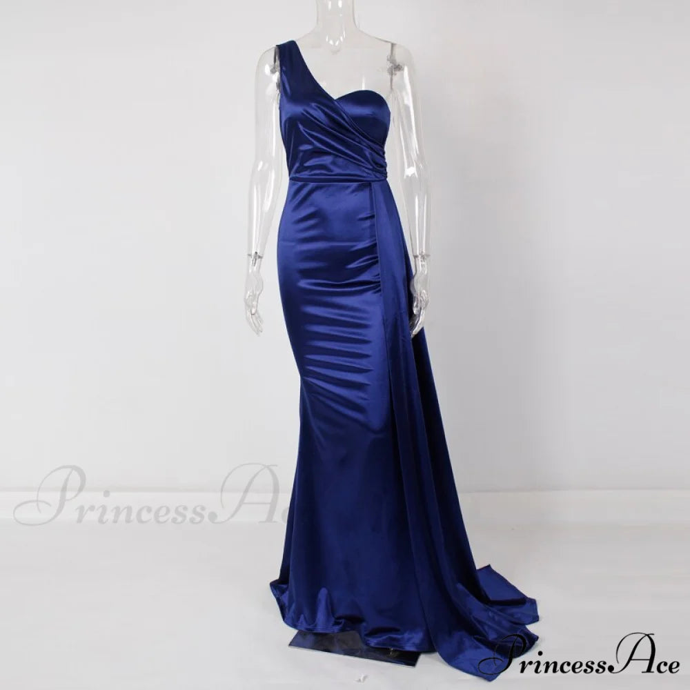 Women’s Blue Evening Green Gown Full-Length Party Royal with Sexy Gown Satin Long Ribbon Draped Dress Blue / XS