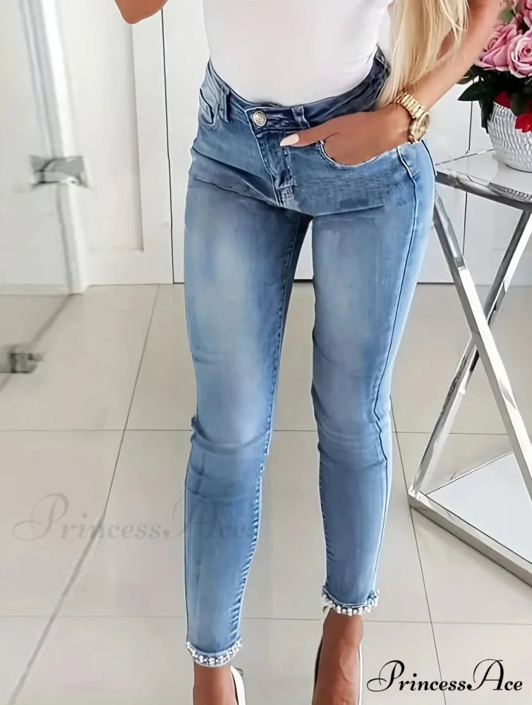 Women’s Blue High-Stretch Skinny with Faux Pearl Decor and Slim Fit - Stylish and Comfortable Denim Jean