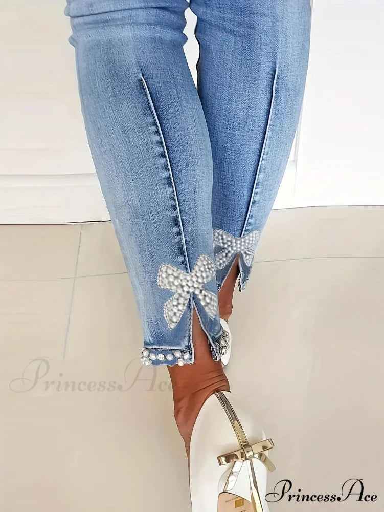 Women’s Blue High-Stretch Skinny with Faux Pearl Decor and Slim Fit - Stylish and Comfortable Denim Jean