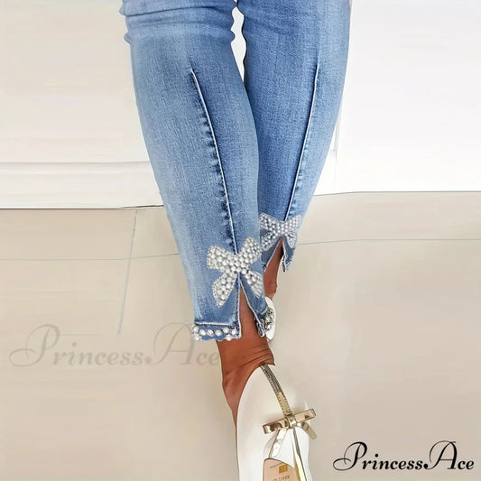 Women’s Blue High-Stretch Skinny with Faux Pearl Decor and Slim Fit - Stylish and Comfortable Denim Jean Blue / S