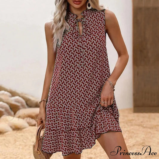 Women’s Bodycon 2024 Fashion Flowers Printed Mini Shorts Summer Waist Short Sleeve Dress Red / M