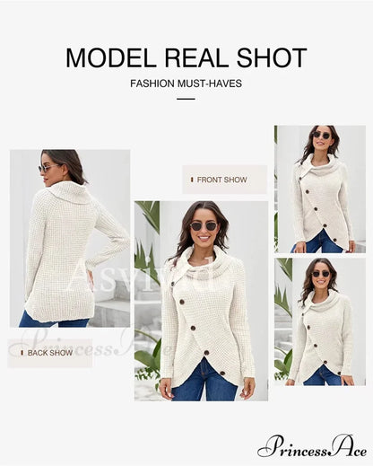 Womens Button Cowl Neck Long Sleeve Asymmetric Wrap Sweater