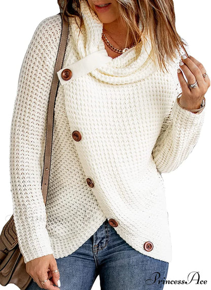 Womens Button Cowl Neck Long Sleeve Asymmetric Wrap Sweater