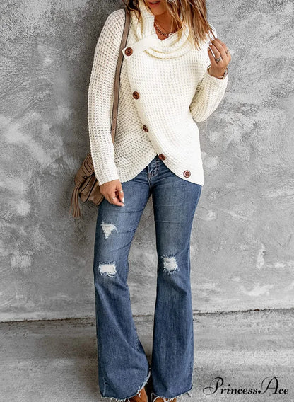 Womens Button Cowl Neck Long Sleeve Asymmetric Wrap Sweater