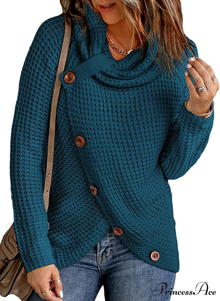 Womens Button Cowl Neck Long Sleeve Asymmetric Wrap Sweater A Blue / X-Large