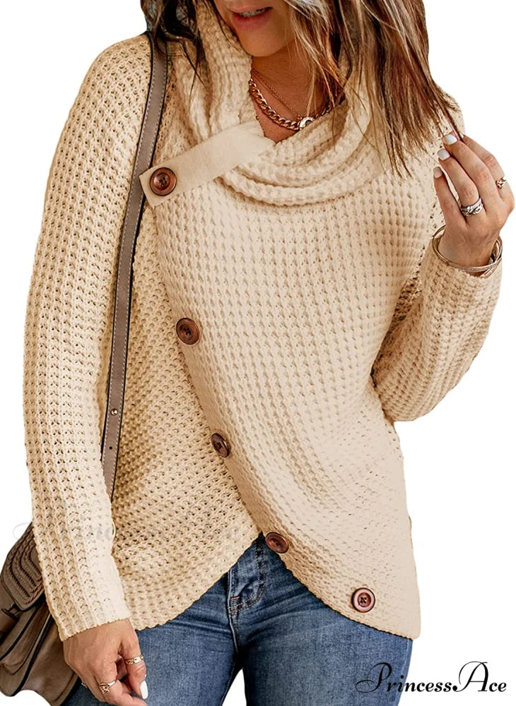 Womens Button Cowl Neck Long Sleeve Asymmetric Wrap Sweater B Beige / X-Large