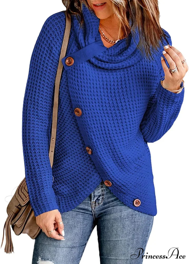 Womens Button Cowl Neck Long Sleeve Asymmetric Wrap Sweater C Blue / XX-Large