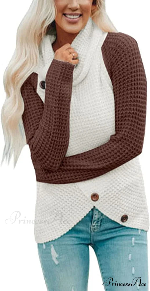 Womens Button Cowl Neck Long Sleeve Asymmetric Wrap Sweater D Brown / Medium