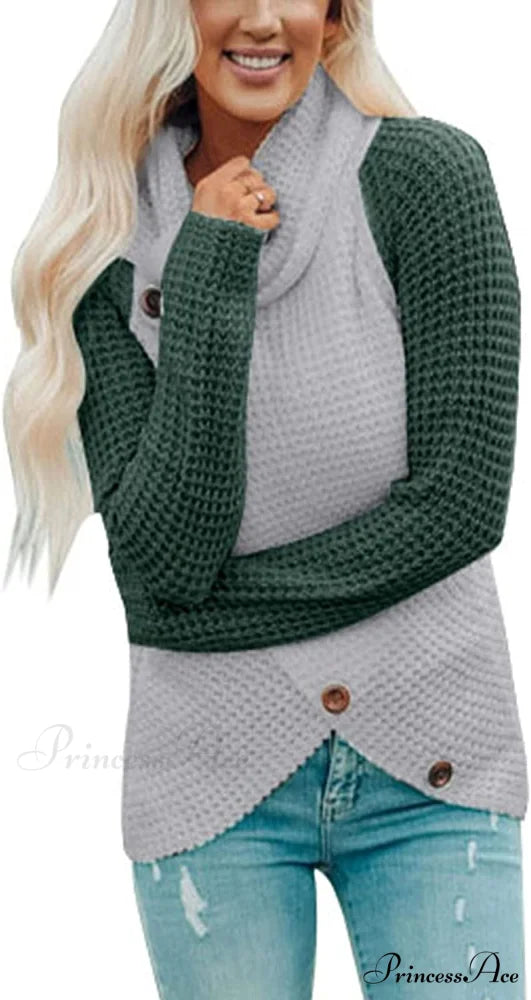 Womens Button Cowl Neck Long Sleeve Asymmetric Wrap Sweater D Green / X-Large