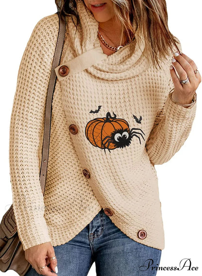 Womens Button Cowl Neck Long Sleeve Asymmetric Wrap Sweater F Bat Beige / Medium