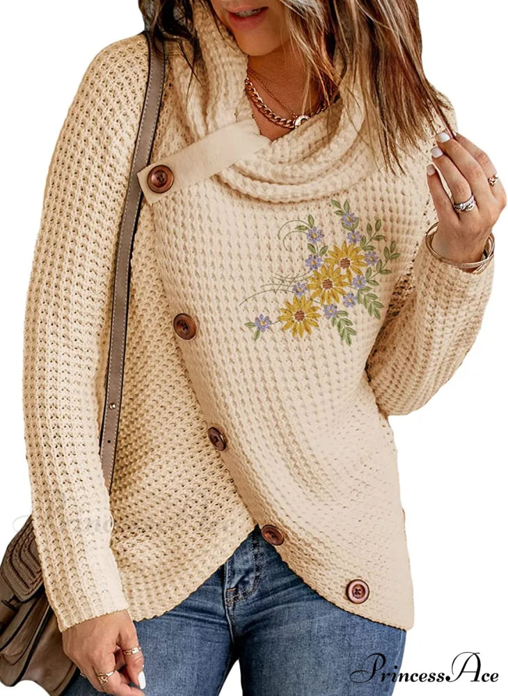 Womens Button Cowl Neck Long Sleeve Asymmetric Wrap Sweater F Flowers Beige / Medium