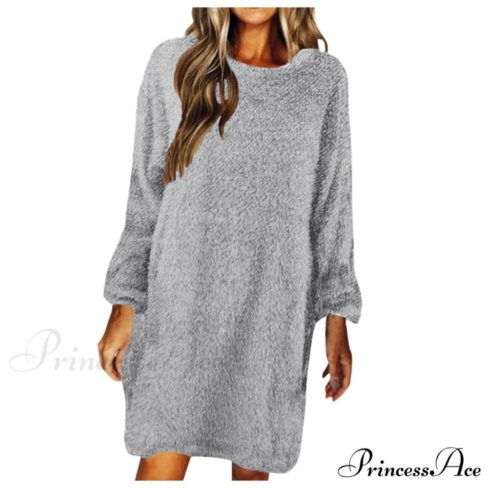 Women’s Casual Floral Splicing Printed Round Neck Midi 2024 New Spring Autumn Fashion Loose Long Sleeve Dress GRAY / S